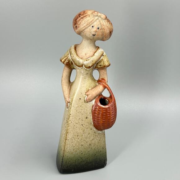 Vintage Other - Vtg 70’s Speckled Stoneware Woman Carrying Basket Flower Vase Figurine Japan Mad